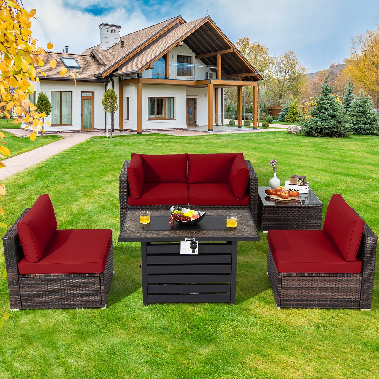 Costway 6PCS Patio Rattan Furniture Set 42'' Fire Pit Table Cover Sofa Cushion Off White/Black/Navy/Red/Turquoise